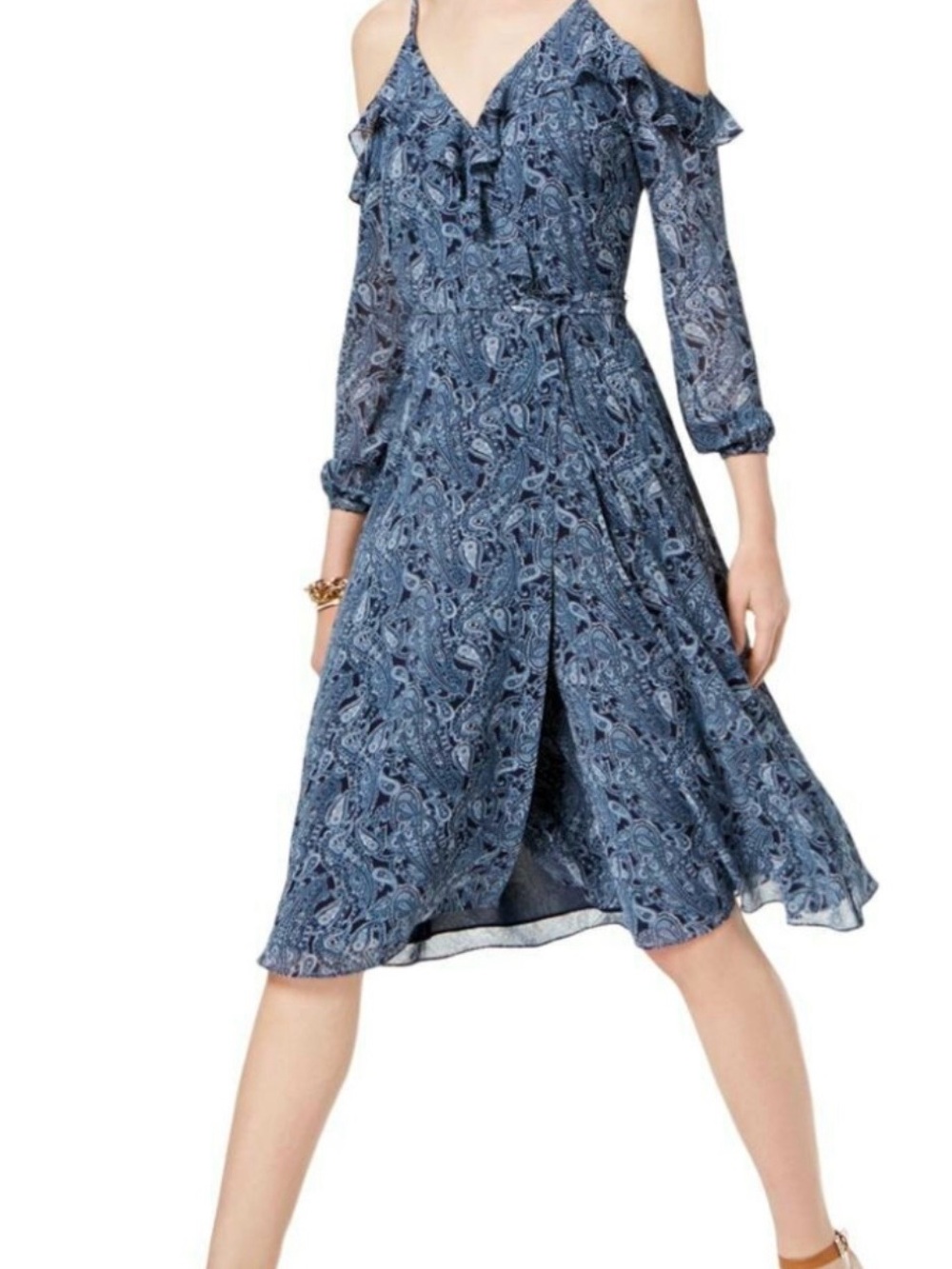Cold-Shoulder Blue Paisley Midi Dress